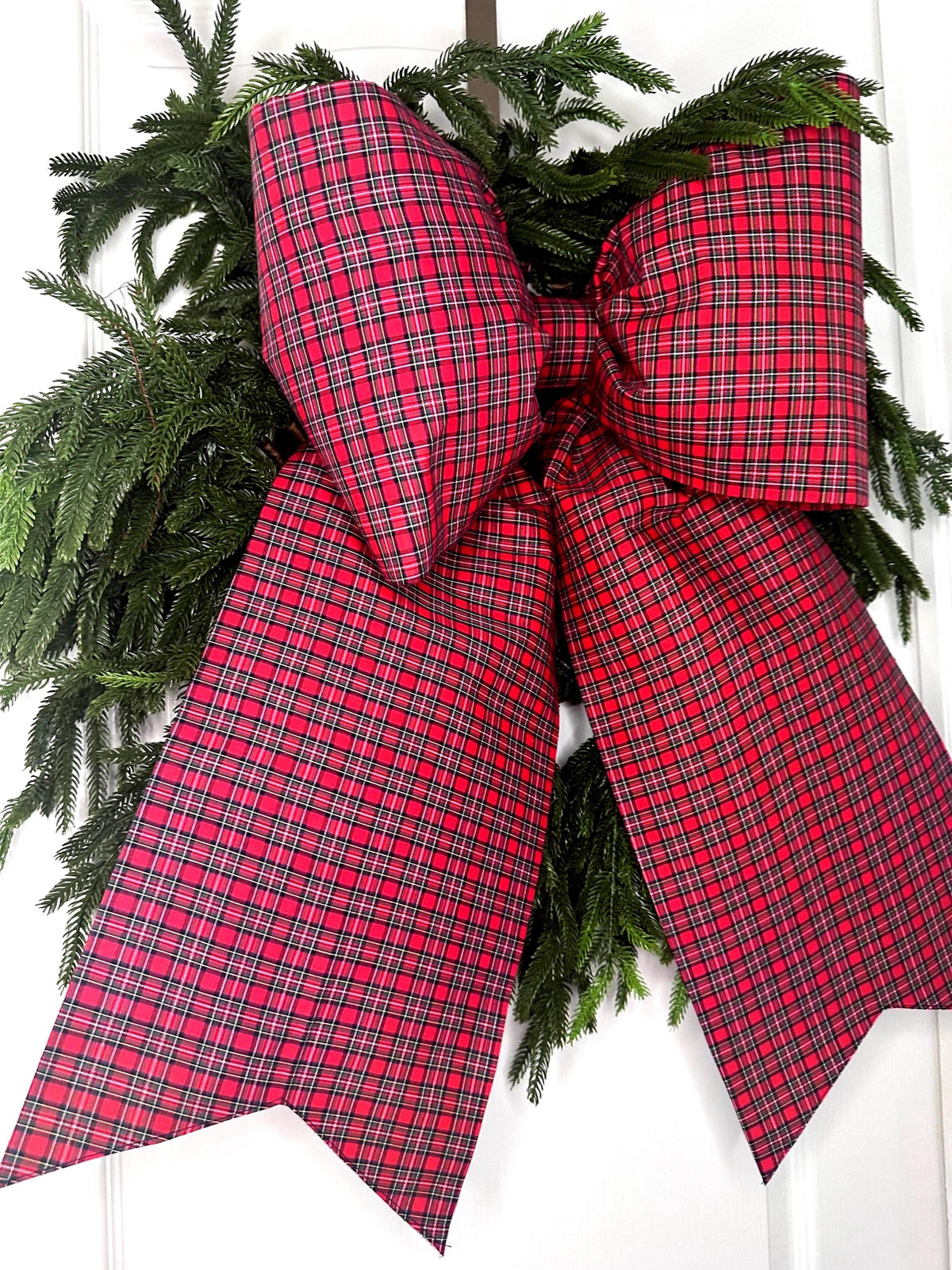Red & White Gingham Christmas Bow | Handmade Cotton Fabric Wreath Bow | Farmhouse Front Door Decor