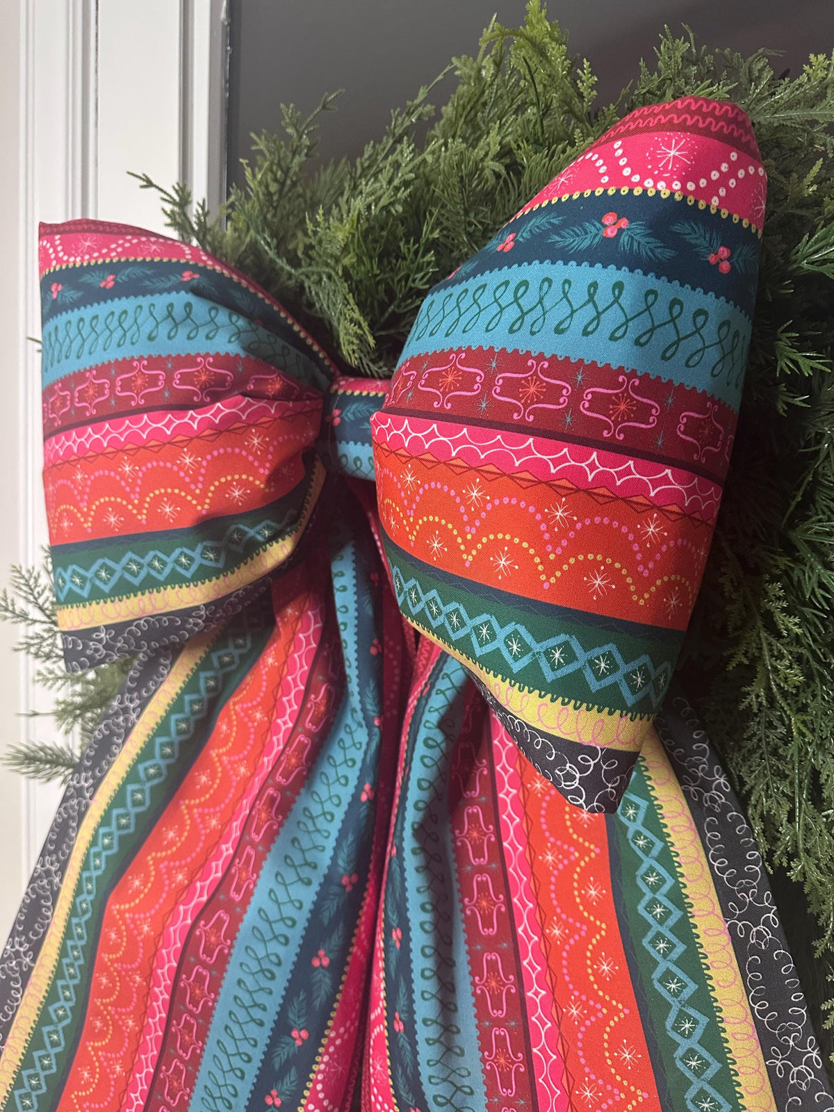 Candy Cane Christmas Ribbon Bow | Colorful Handmade Cotton Fabric Wreath Bow | Oversized Holiday Door Decor