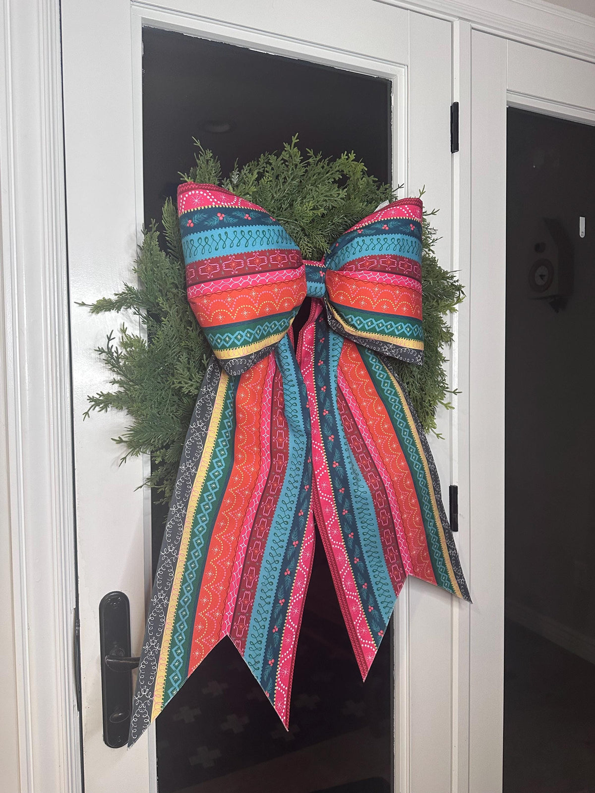 Candy Cane Christmas Ribbon Bow | Colorful Handmade Cotton Fabric Wreath Bow | Oversized Holiday Door Decor