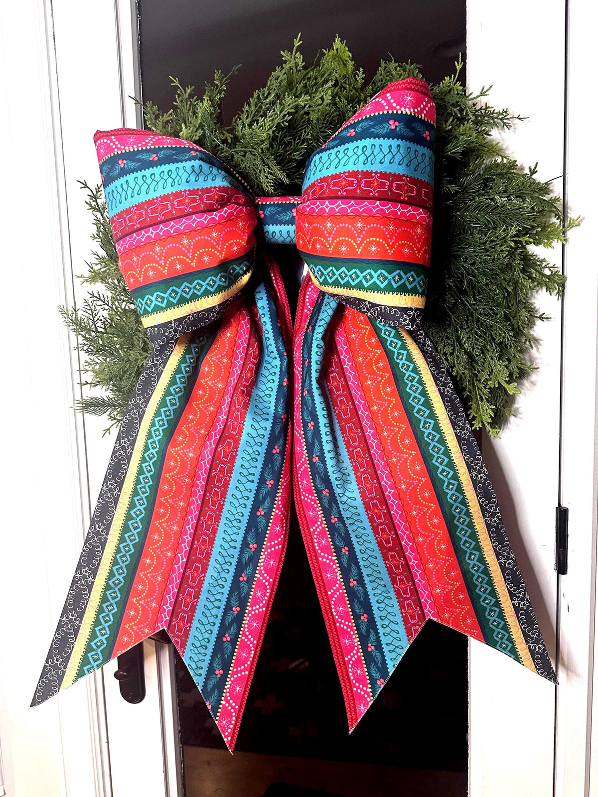 Candy Cane Christmas Ribbon Bow | Colorful Handmade Cotton Fabric Wreath Bow | Oversized Holiday Door Decor