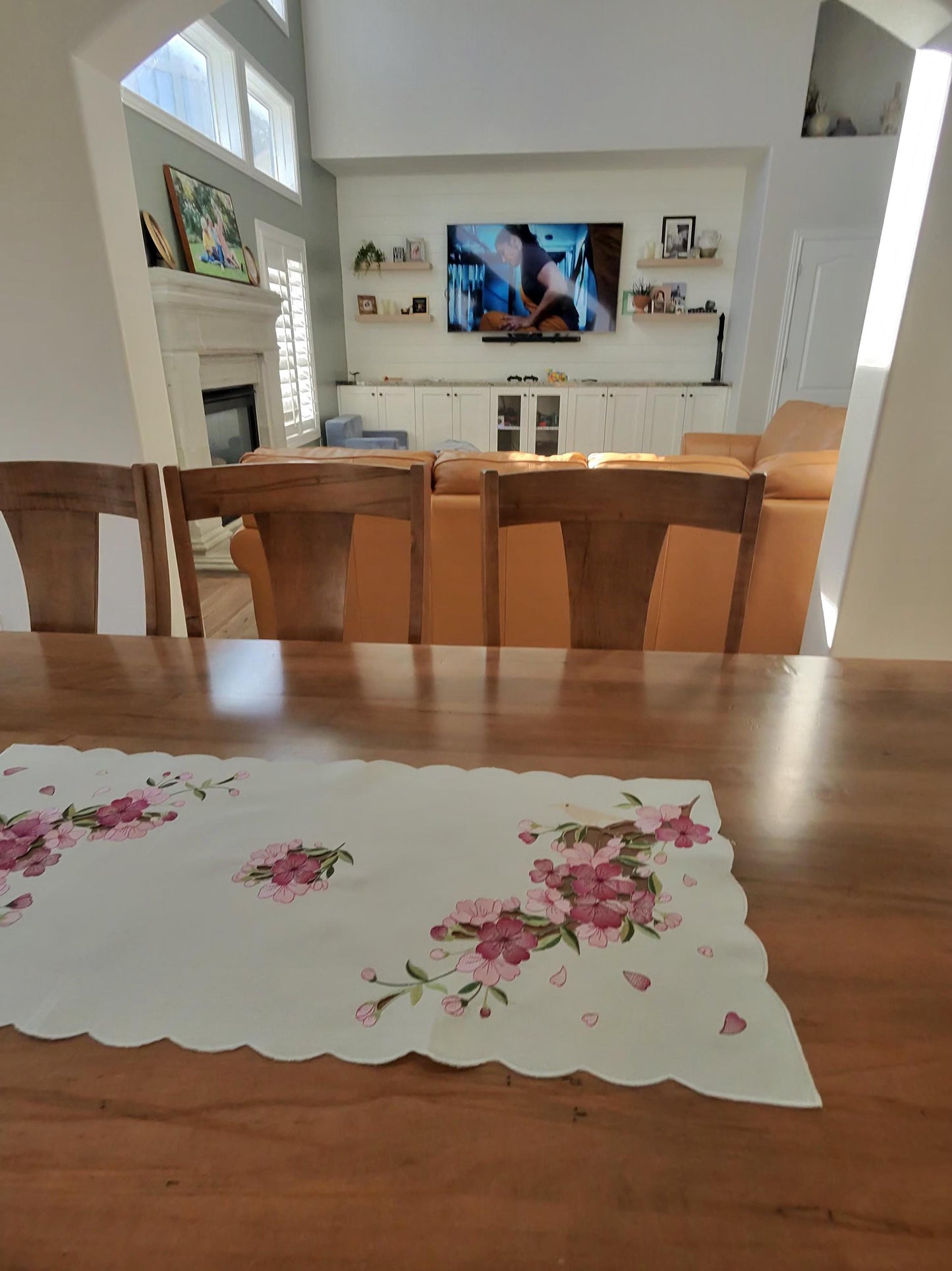 able runners  with elegant cherry blossom embroidery on soft blue washable fabric
