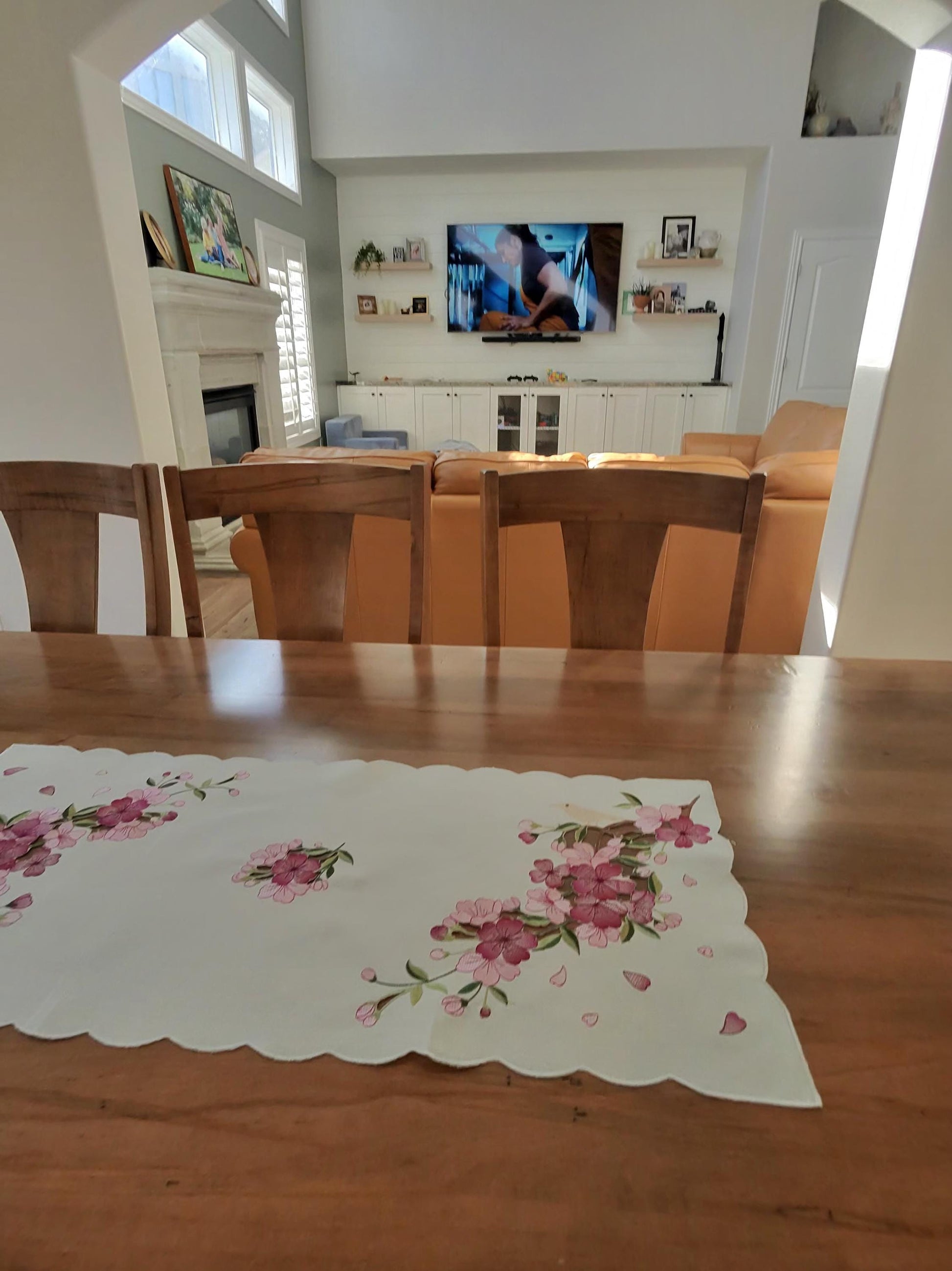 able runners  with elegant cherry blossom embroidery on soft blue washable fabric