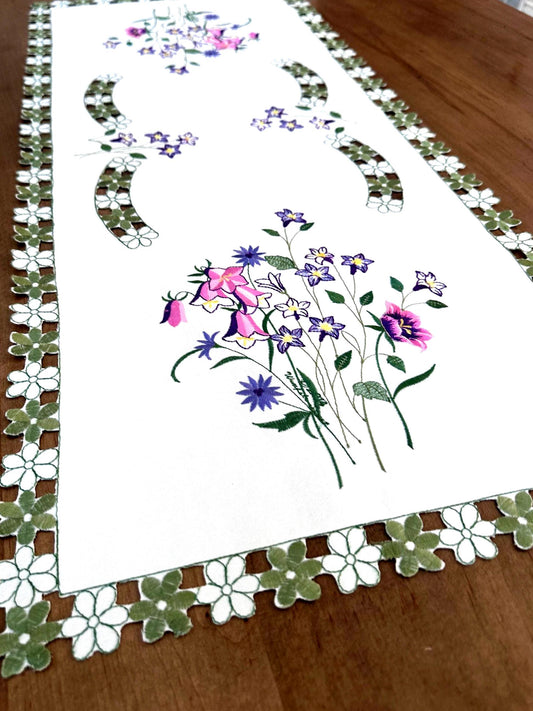 Embroidered Wildflower Cutwork Table Runner – Elegant Spring Floral Decor