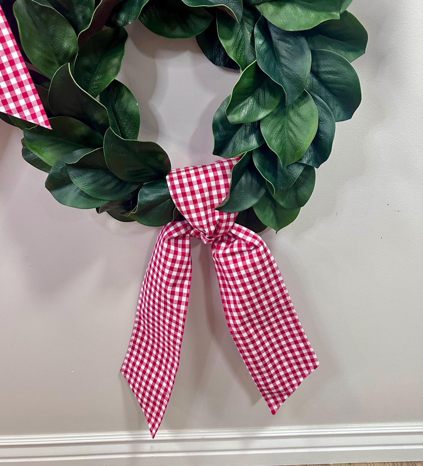 60" x 5" Sash in Red Gingham Check Bow will hold its shape.  Tie how you choose or add to another bow