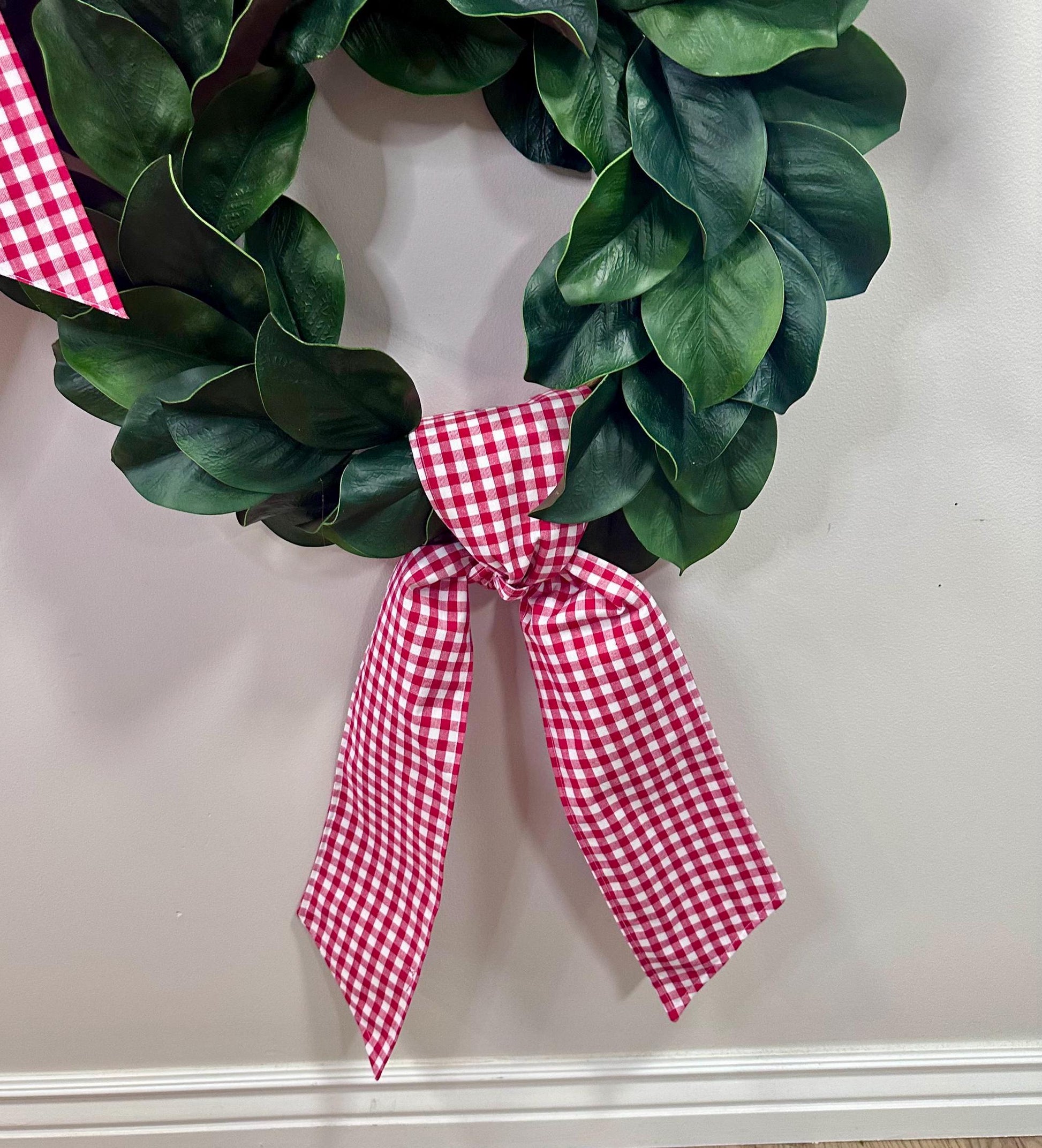 60" x 5" Sash in Red Gingham Check Bow will hold its shape.  Tie how you choose or add to another bow