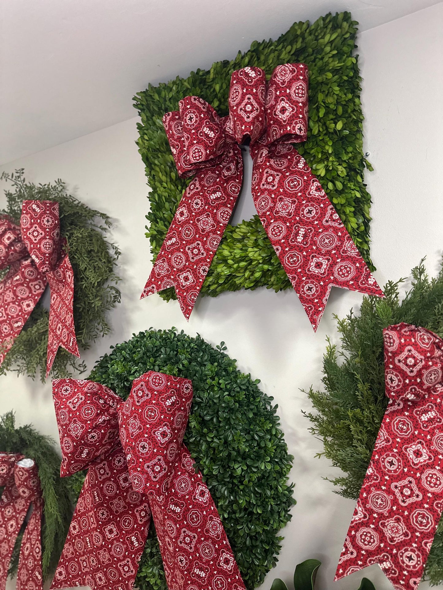 Red Bandana Print Fabric Bow – Mega, Grand, Classic, Double, Petite & Sash Sizes | Wreath and Door Décor | Country Western Charm