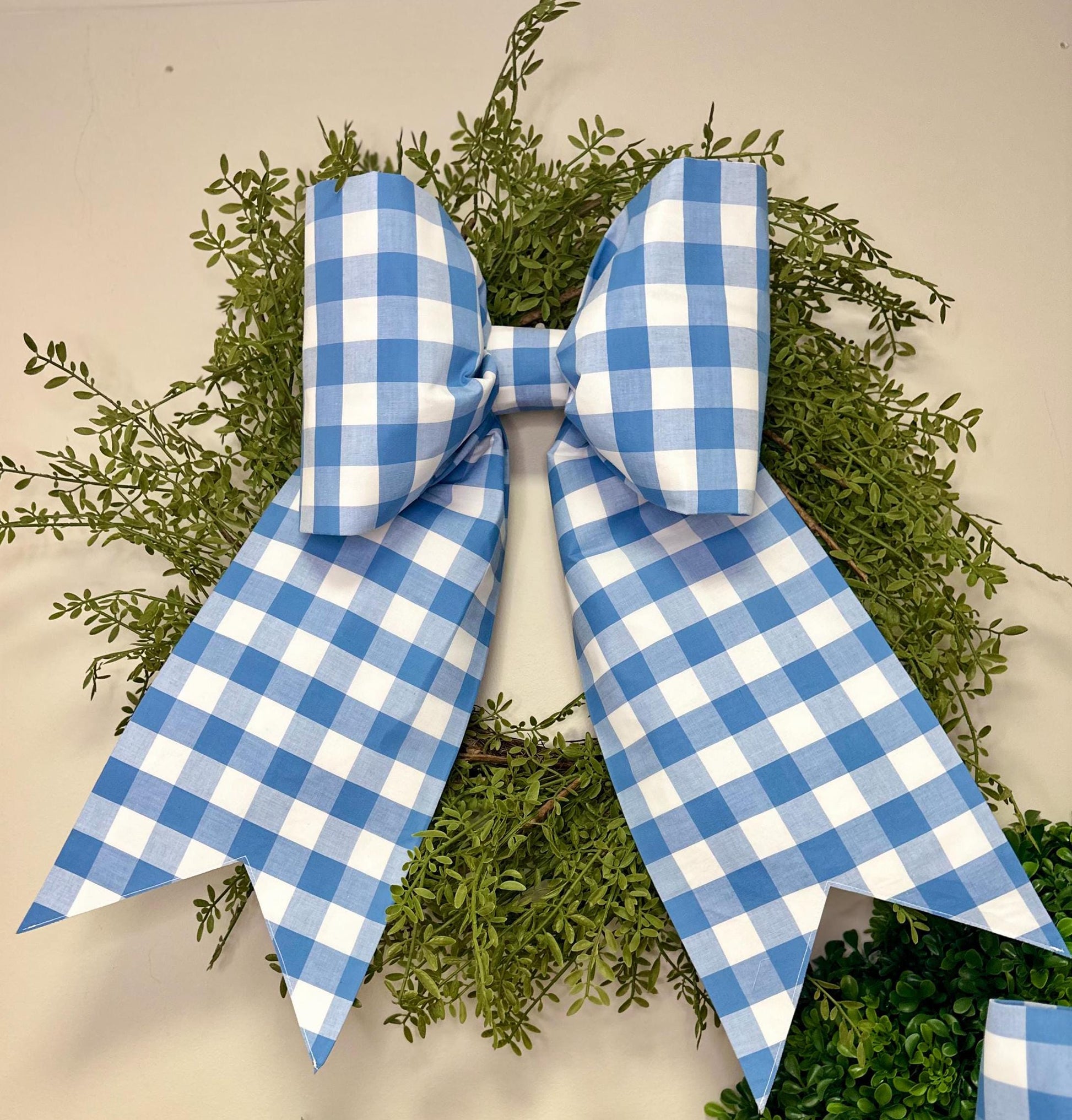 Grand Size Country Blue 1" Gingham Fabric Bow