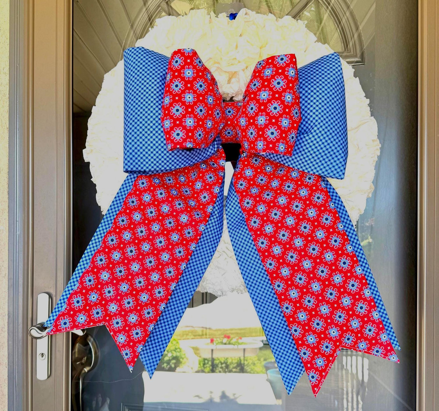 Patriotic Floral & Checker Double Bow