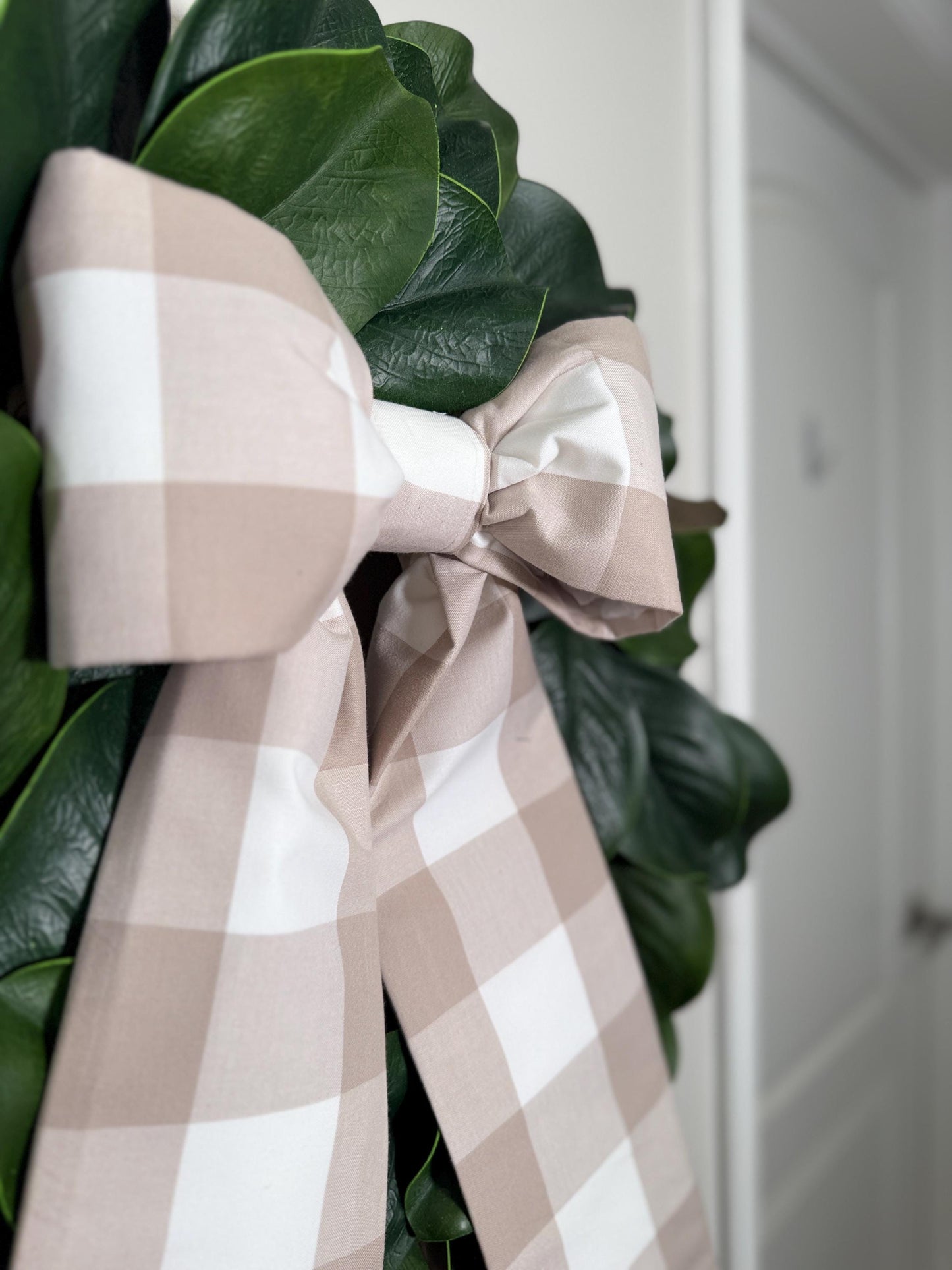 beige 2” buffalo check petite size bow up close