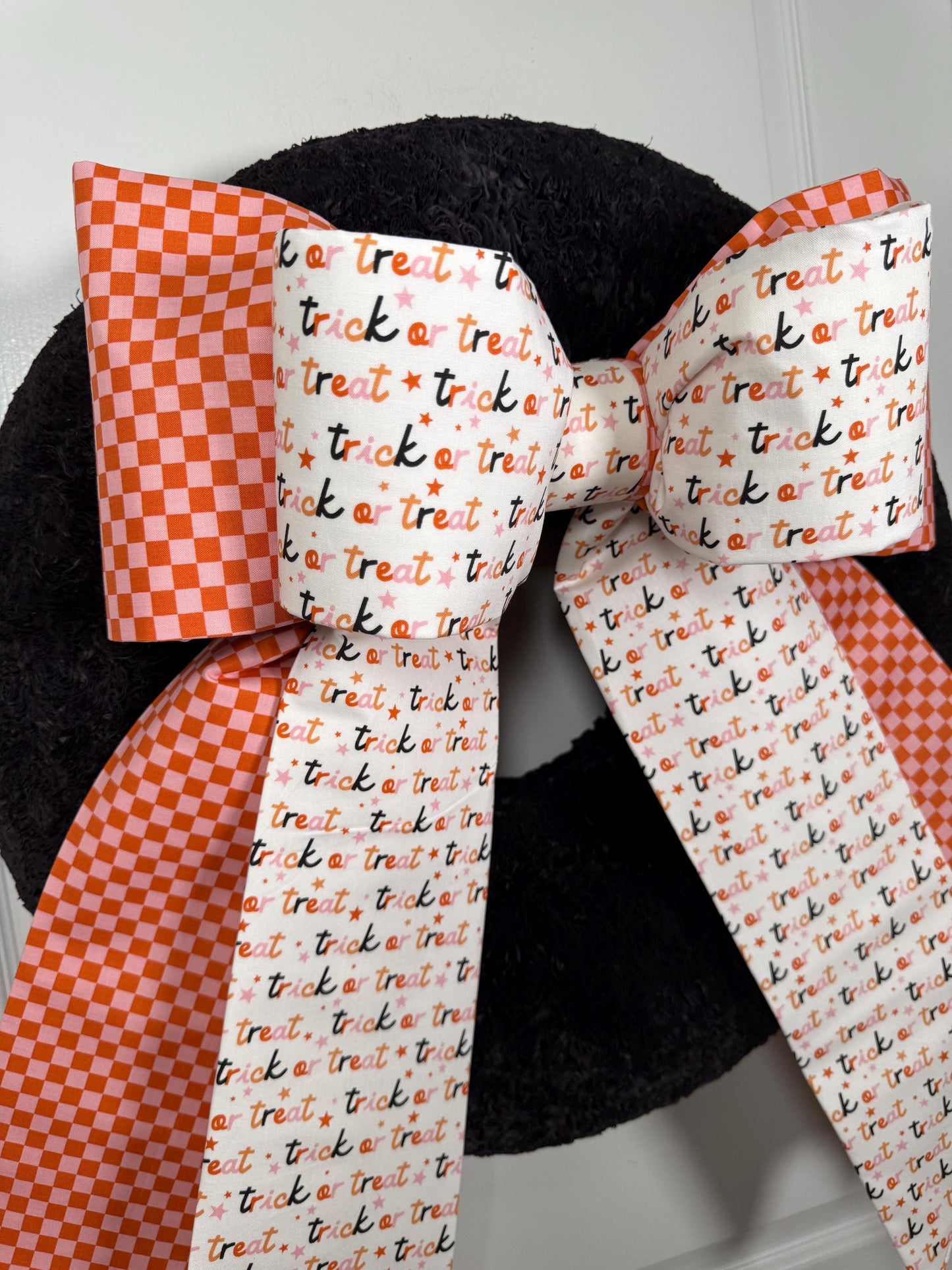Trick or Treat double  Halloween Door Bow – Oversized Fabric Wreath Bow in Orange Check & Festive Script | Free shipping