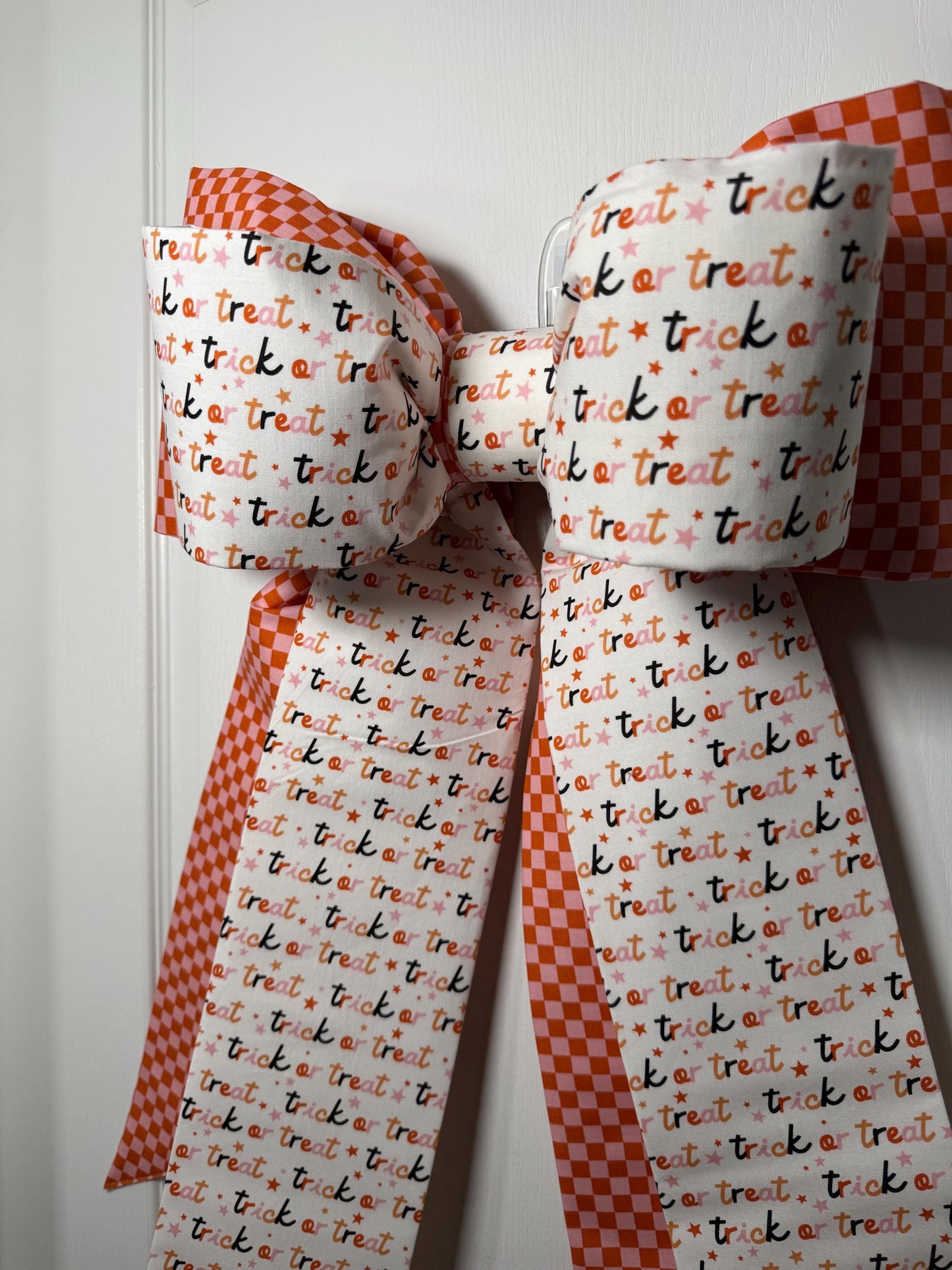 Trick or Treat double  Halloween Door Bow – Oversized Fabric Wreath Bow in Orange Check & Festive Script | Free shipping