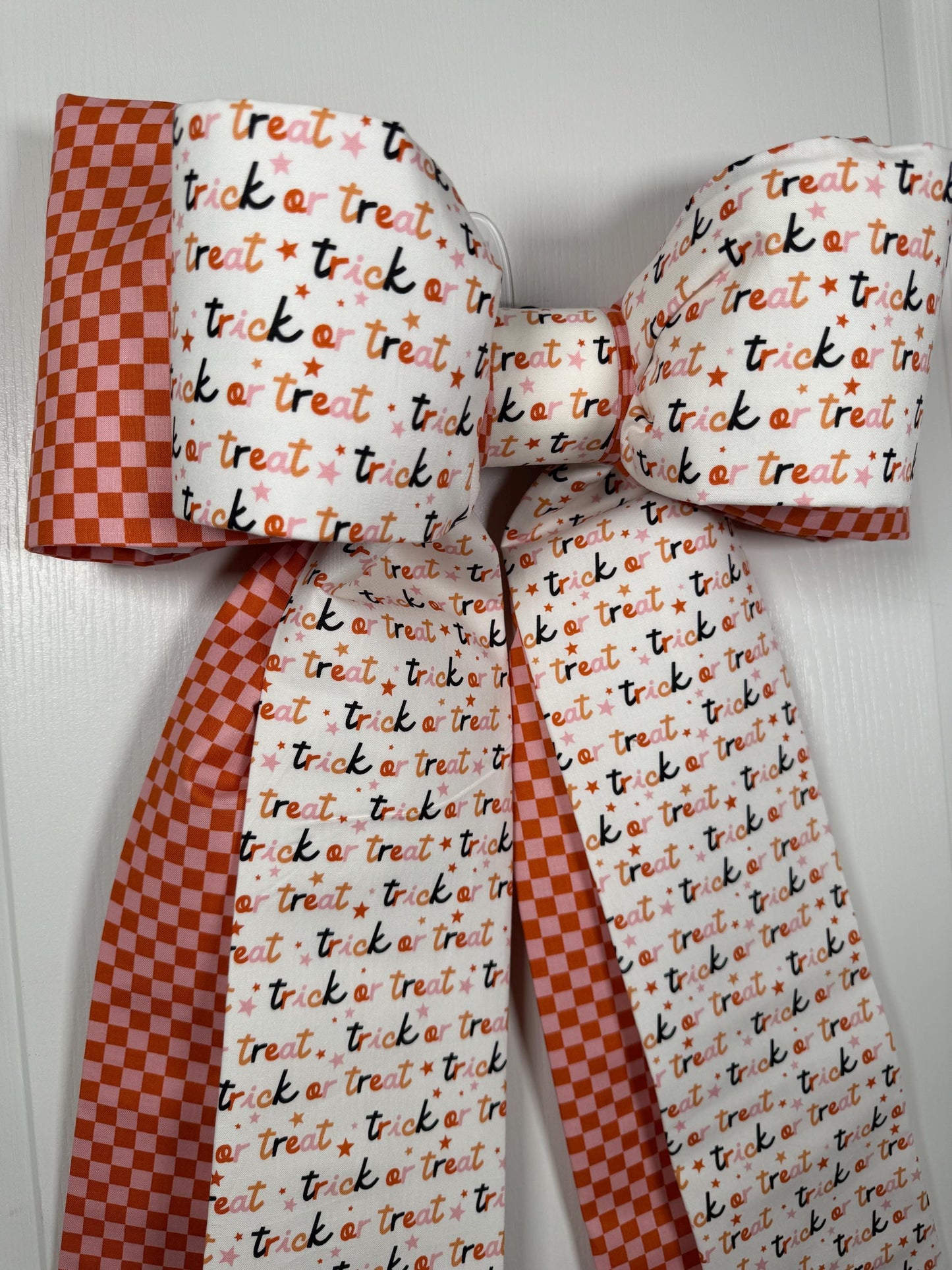 Trick or Treat double  Halloween Door Bow – Oversized Fabric Wreath Bow in Orange Check & Festive Script | Free shipping