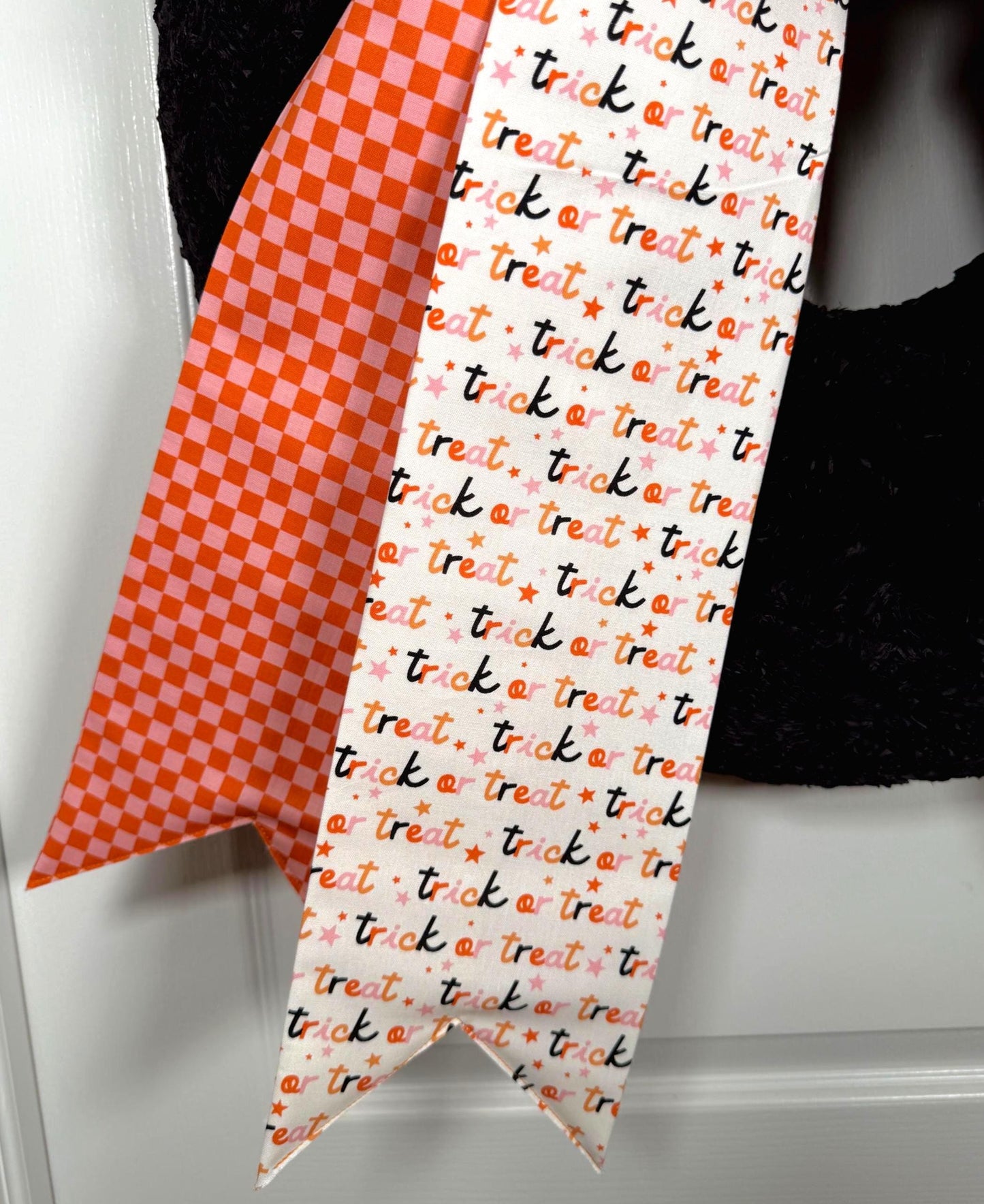 Trick or Treat double  Halloween Door Bow – Oversized Fabric Wreath Bow in Orange Check & Festive Script | Free shipping
