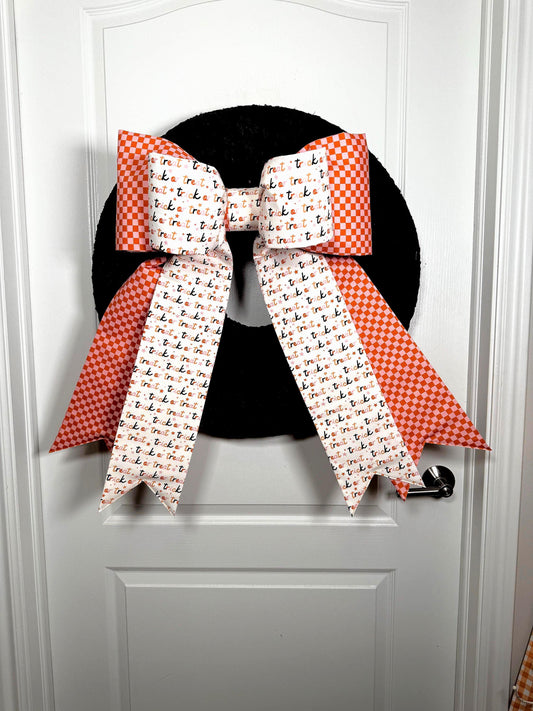 Trick or Treat double  Halloween Door Bow – Oversized Fabric Wreath Bow in Orange Check & Festive Script | Free shipping