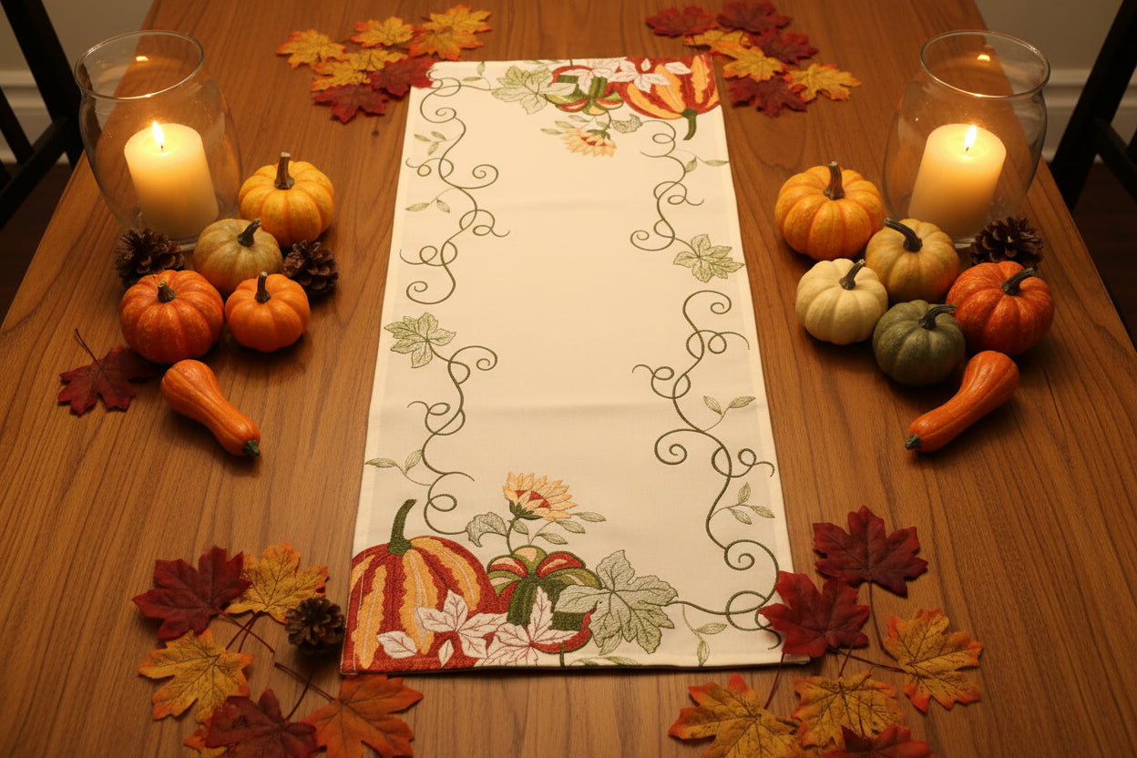 Fall Pumpkin Embroidered Table Runner & Topper Collection – Autumn Dining Decor