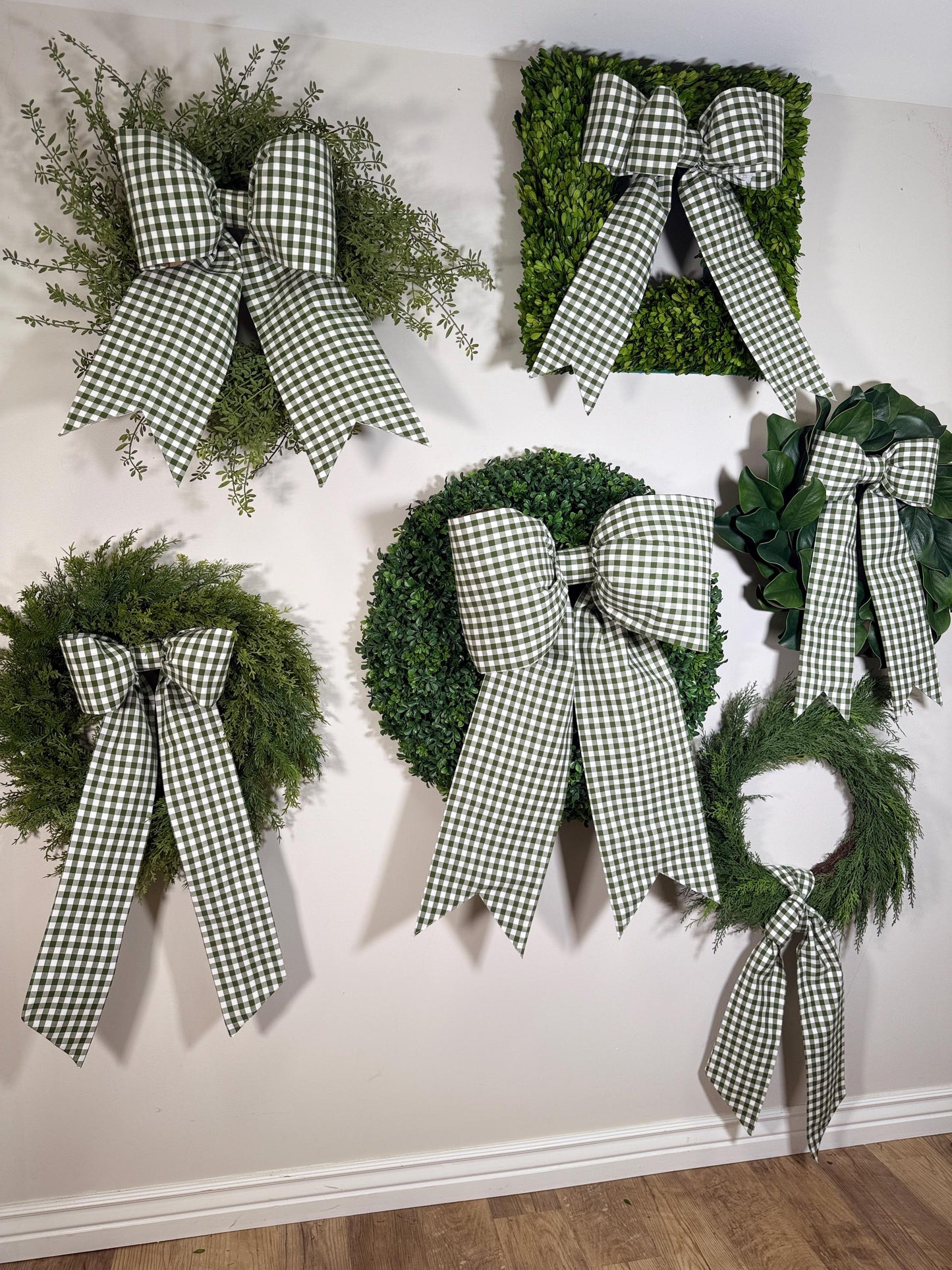 all sizes of  bows in avocado green gingham check