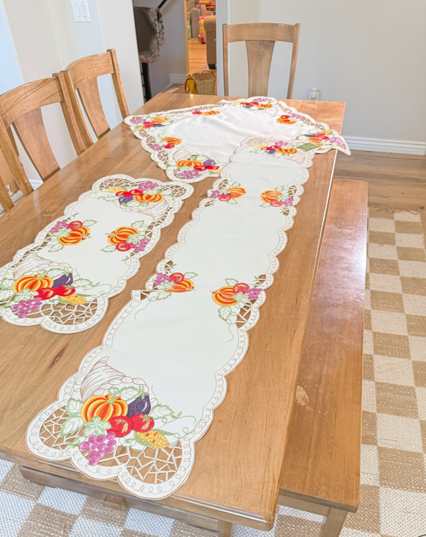 Fall Cornucopia Table Linens – Embroidered Autumn Harvest Runners & Toppers