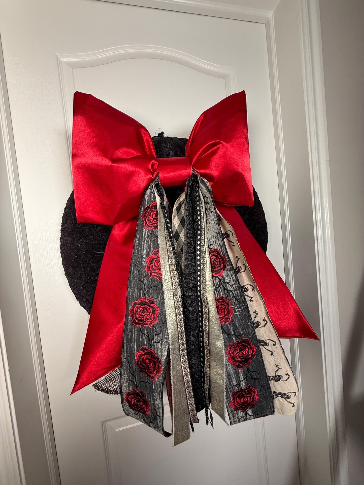Halloween Bow | Embroidered Velvet Rose & Red Satin | Gothic Glam Statement Decor | Free Shipping