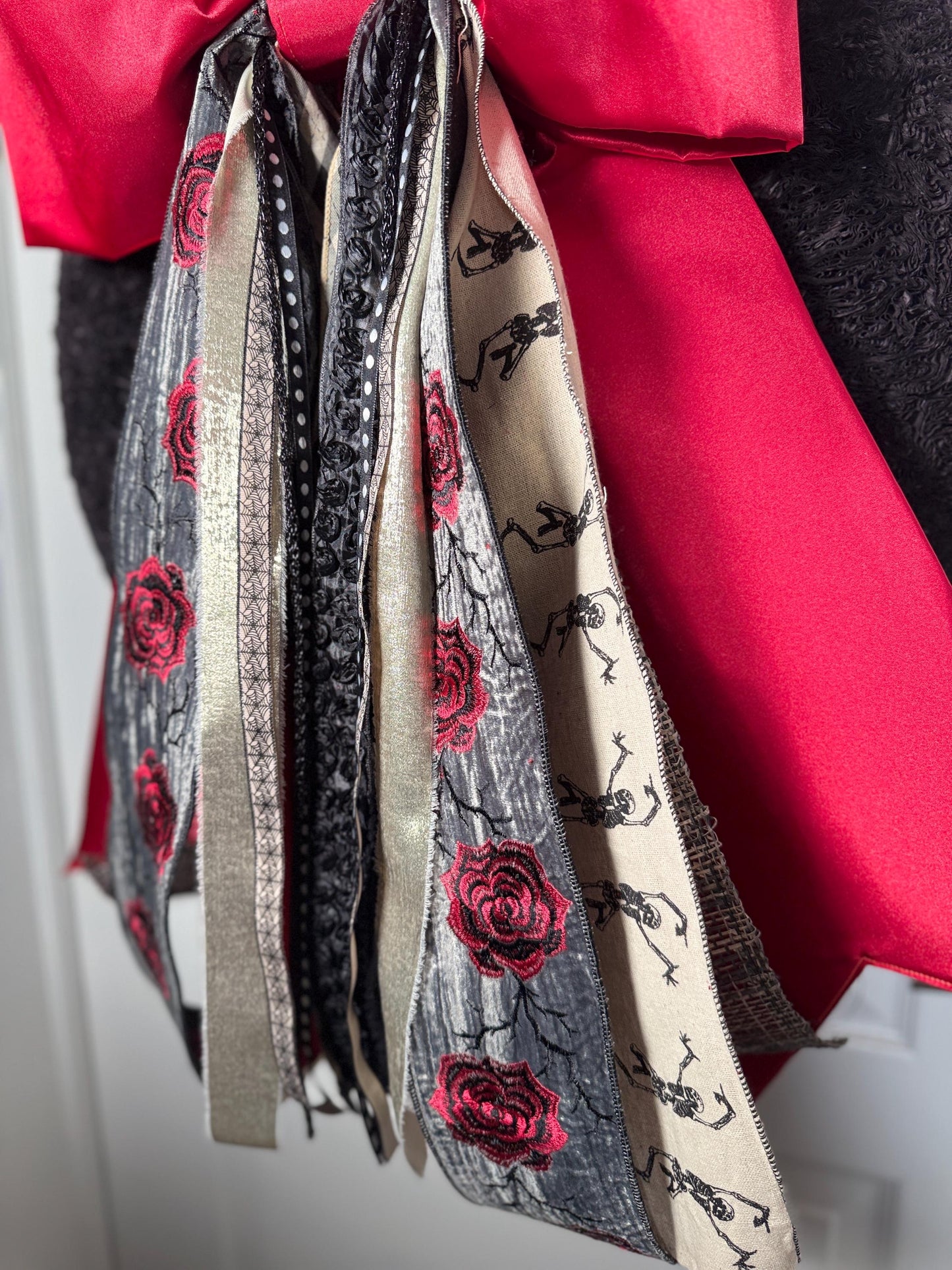 Halloween Bow | Embroidered Velvet Rose & Red Satin | Gothic Glam Statement Decor | Free Shipping