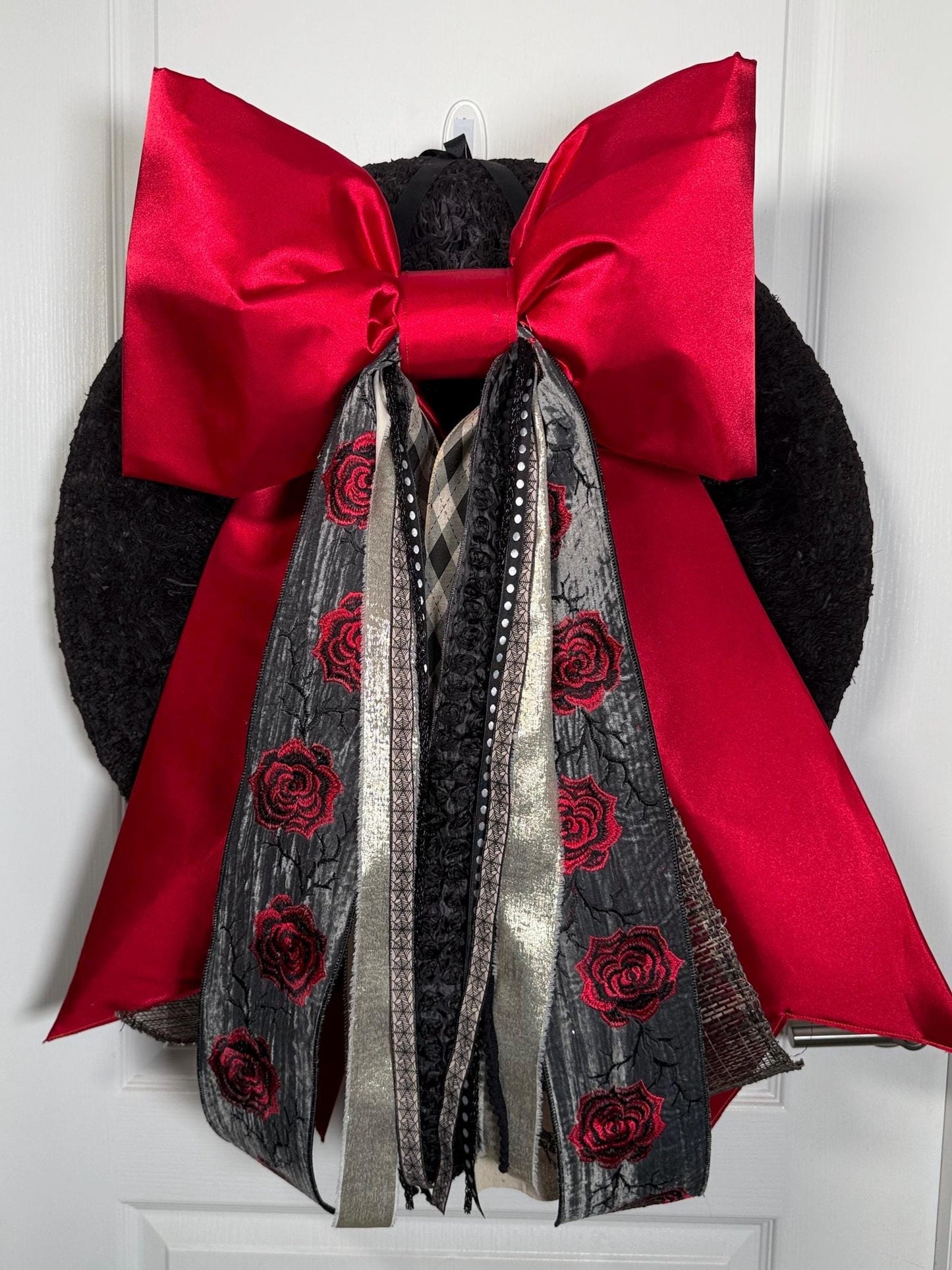 Halloween Bow | Embroidered Velvet Rose & Red Satin | Gothic Glam Statement Decor | Free Shipping