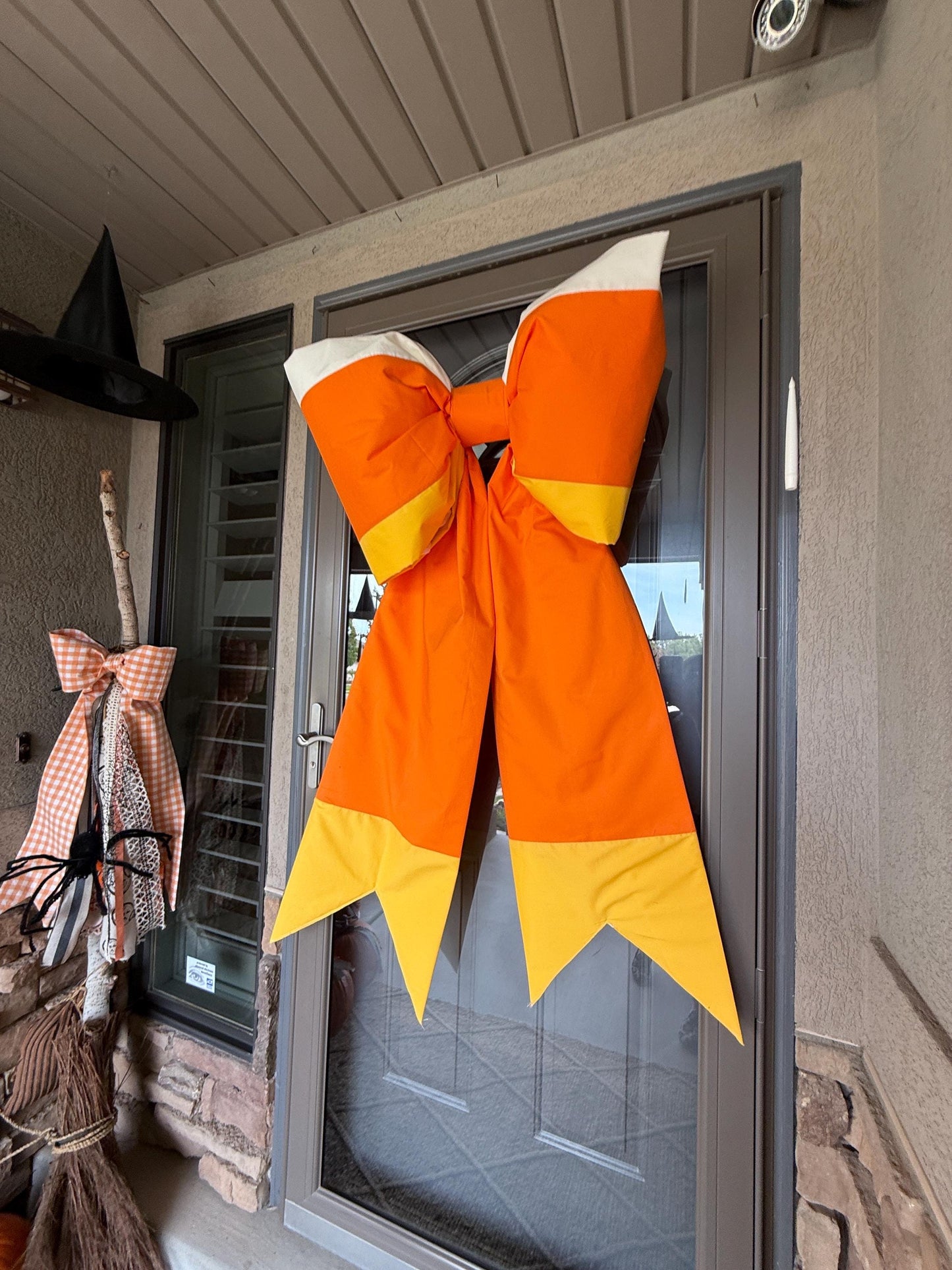 Giant and grand size Candy Corn Door Bow – Hand Pieced Halloween Decoration