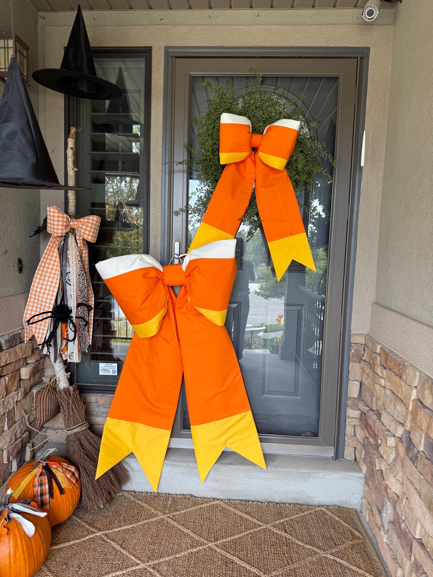 Giant and grand size Candy Corn Door Bow – Hand Pieced Halloween Decoration