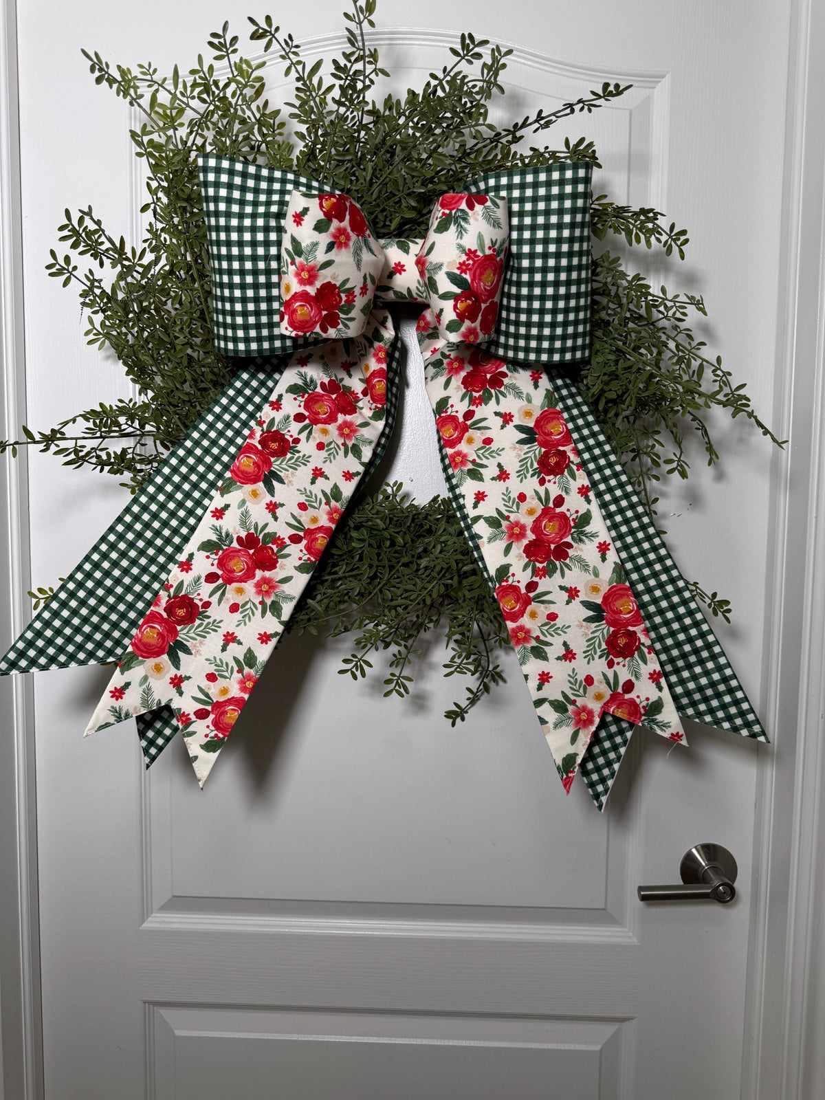 Handmade Green Gingham & Red Floral Christmas Bow - Holiday Decor