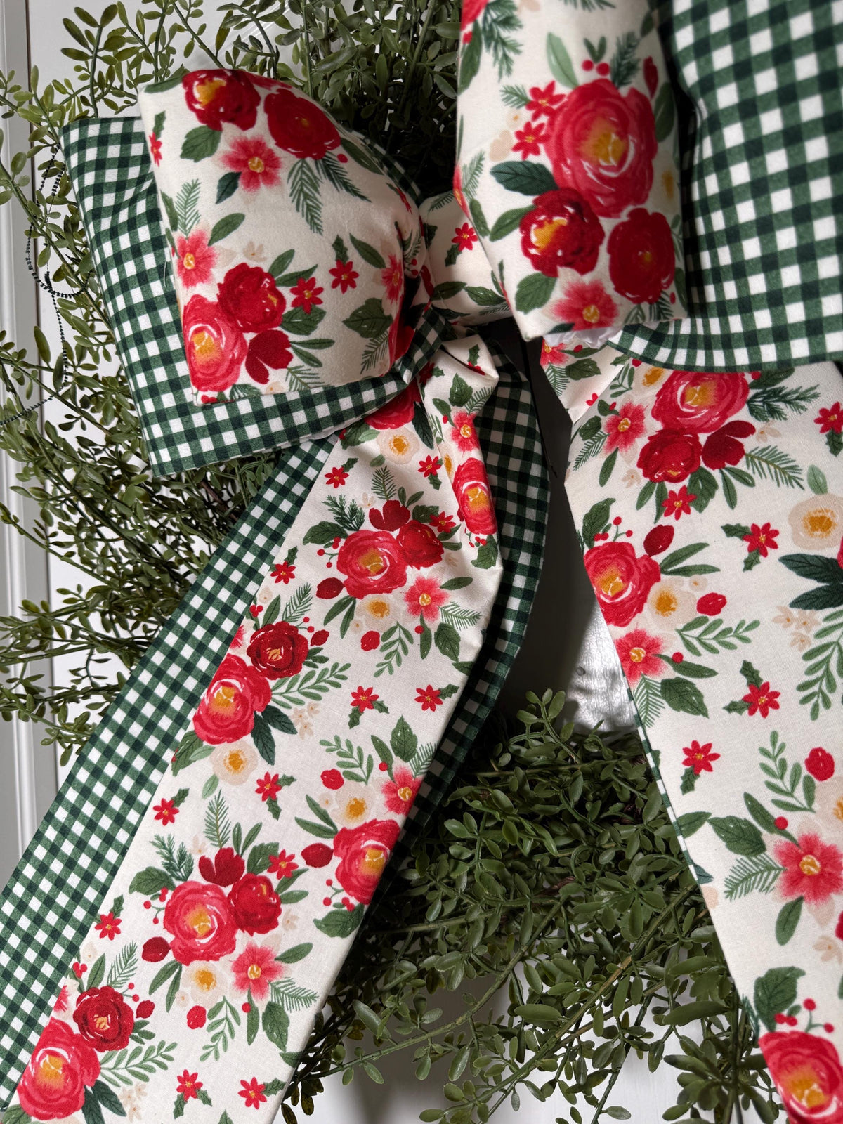 Handmade Green Gingham & Red Floral Christmas Bow - Holiday Decor