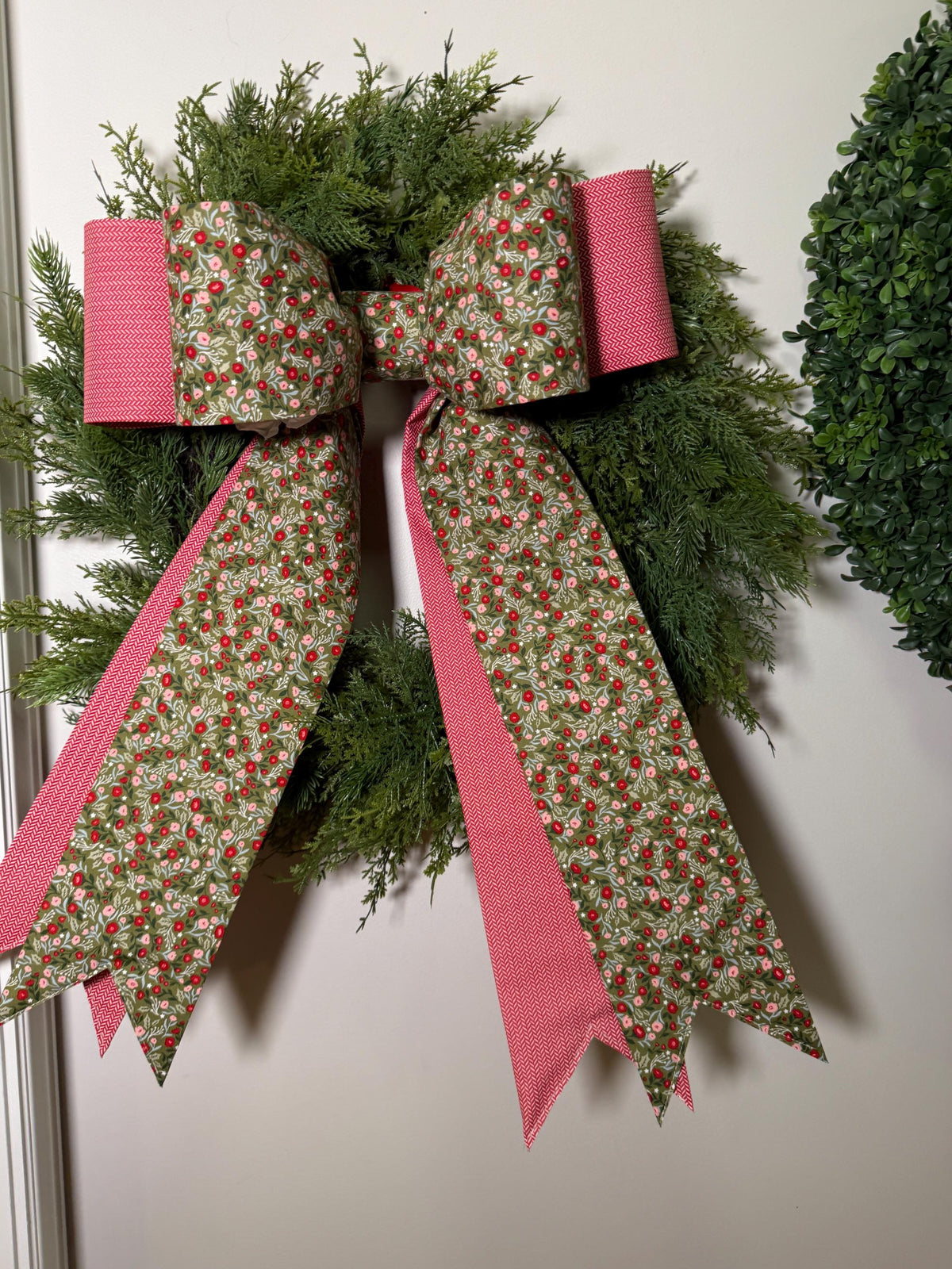 Christmas Berry Floral Double fabric Bow – Holiday Wreath, Door & Tree Topper Bow