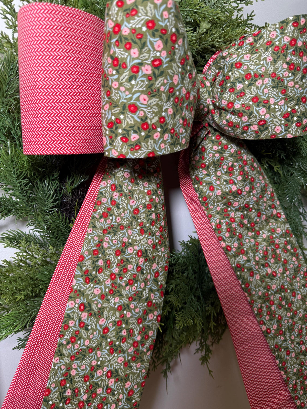 Christmas Berry Floral Double fabric Bow – Holiday Wreath, Door & Tree Topper Bow