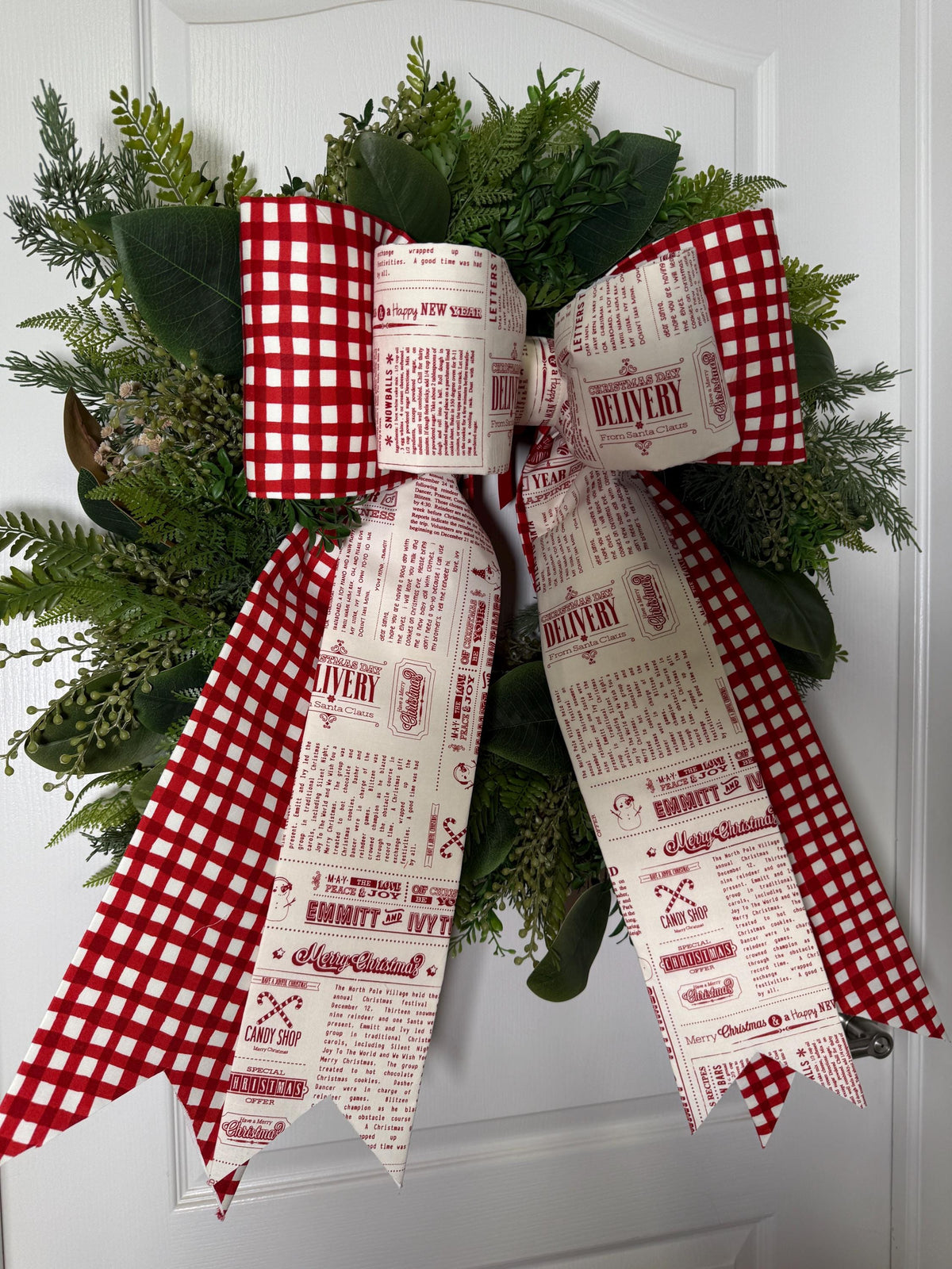 Red Gingham & Christmas Print Bow – Handmade Holiday door Wreath bow or Tree Topper