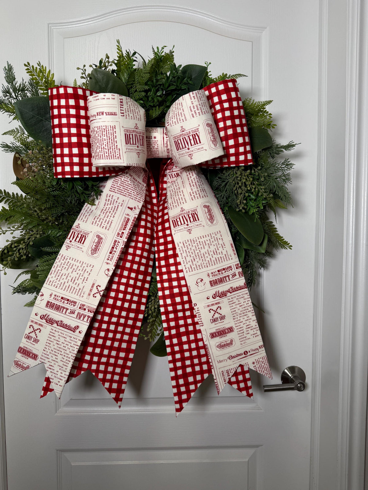 Red Gingham & Christmas Print Bow – Handmade Holiday door Wreath bow or Tree Topper