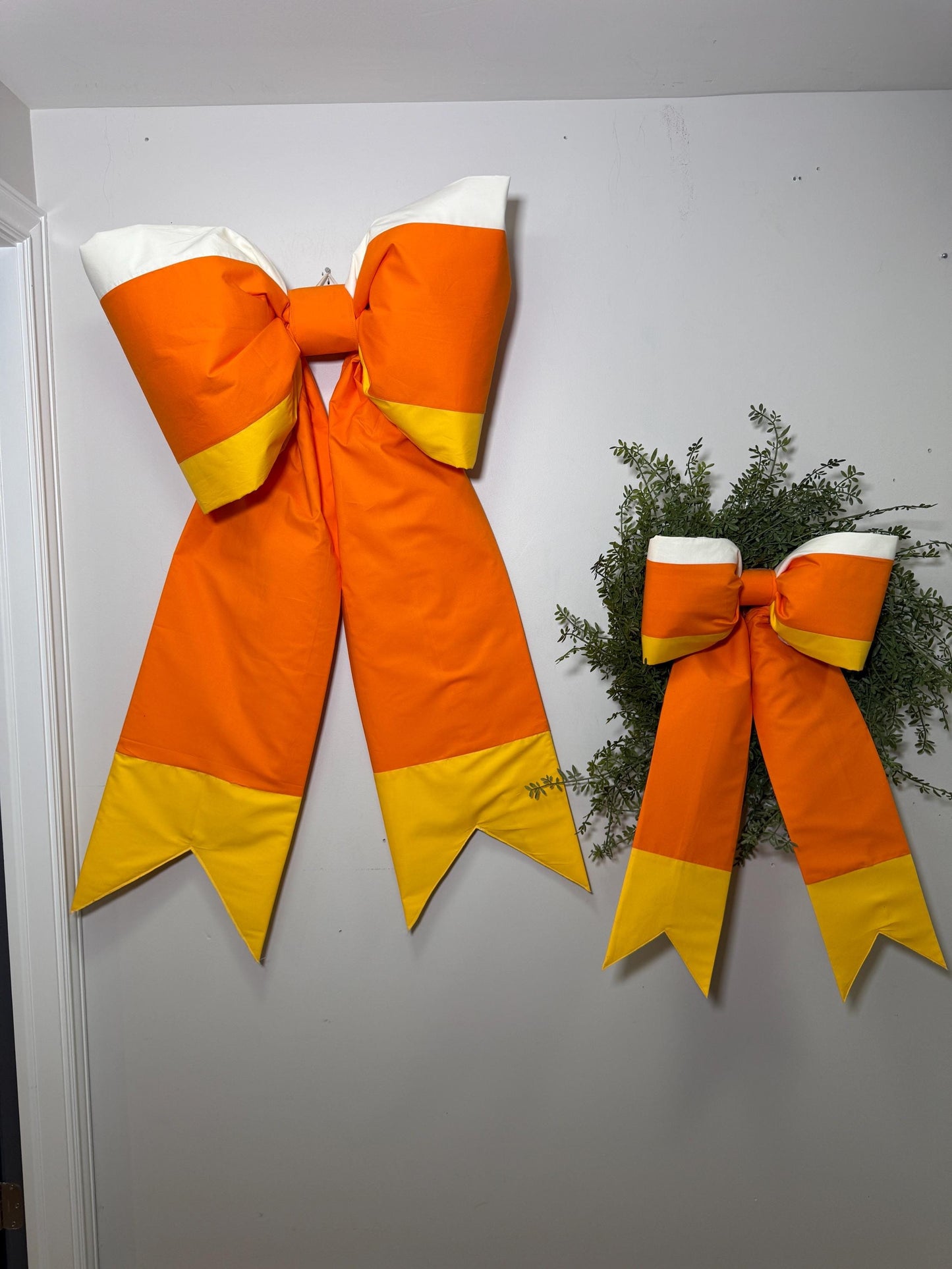 Giant and grand size Candy Corn Door Bow – Hand Pieced Halloween Decoration