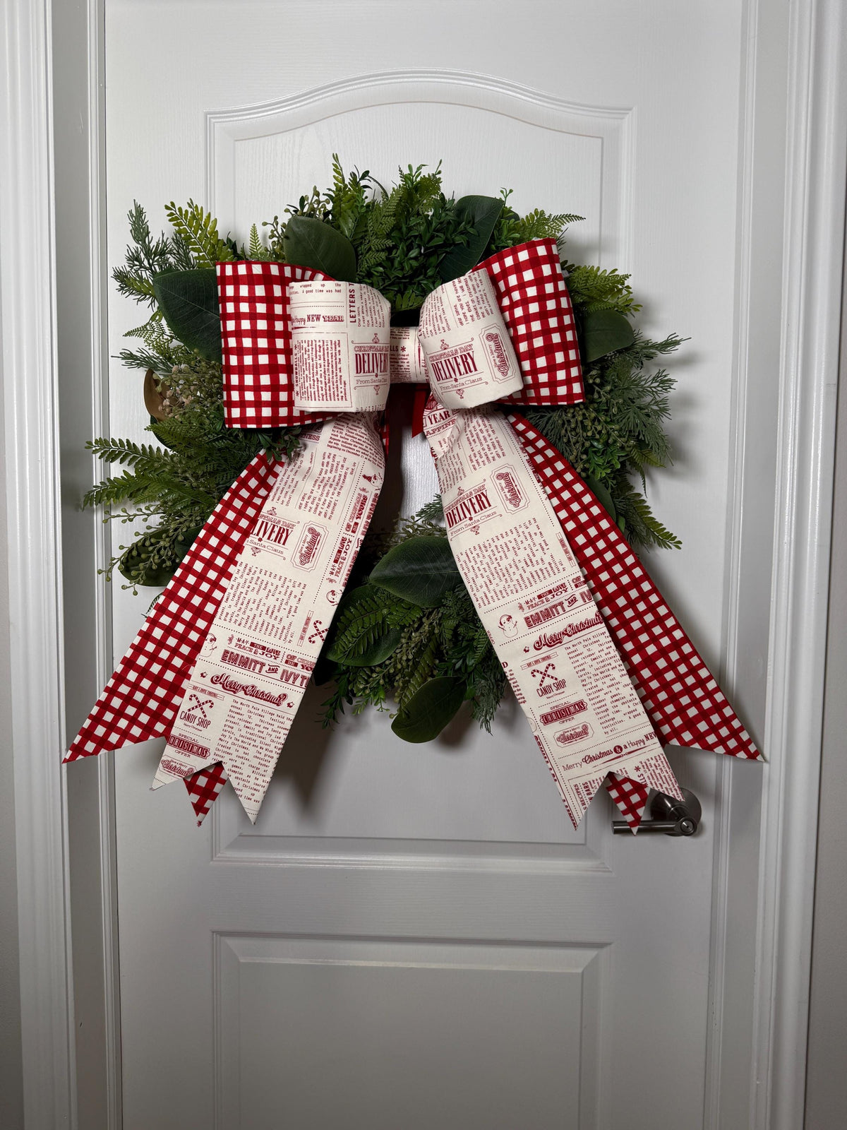 Red Gingham & Christmas Print Bow – Handmade Holiday door Wreath bow or Tree Topper