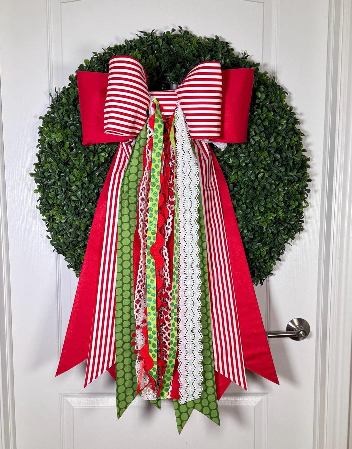 Red and white stripe Christmas Double bow with ribbons: Holiday Wreath and Tree Decor
