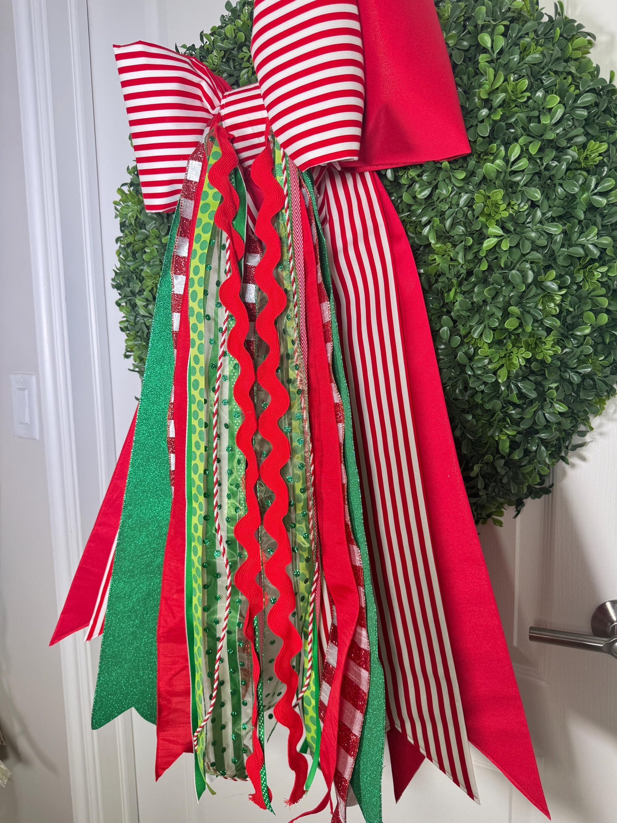 Red and white stripe Christmas Double bow with ribbons: Holiday Wreath and Tree Decor