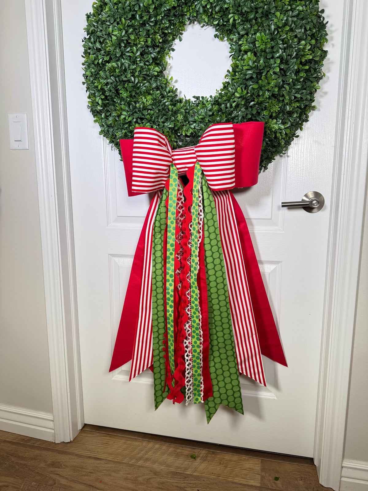 Red and white stripe Christmas Double bow with ribbons: Holiday Wreath and Tree Decor