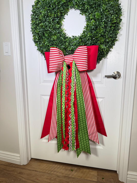 Red and white stripe Christmas Double bow with ribbons: Holiday Wreath and Tree Decor