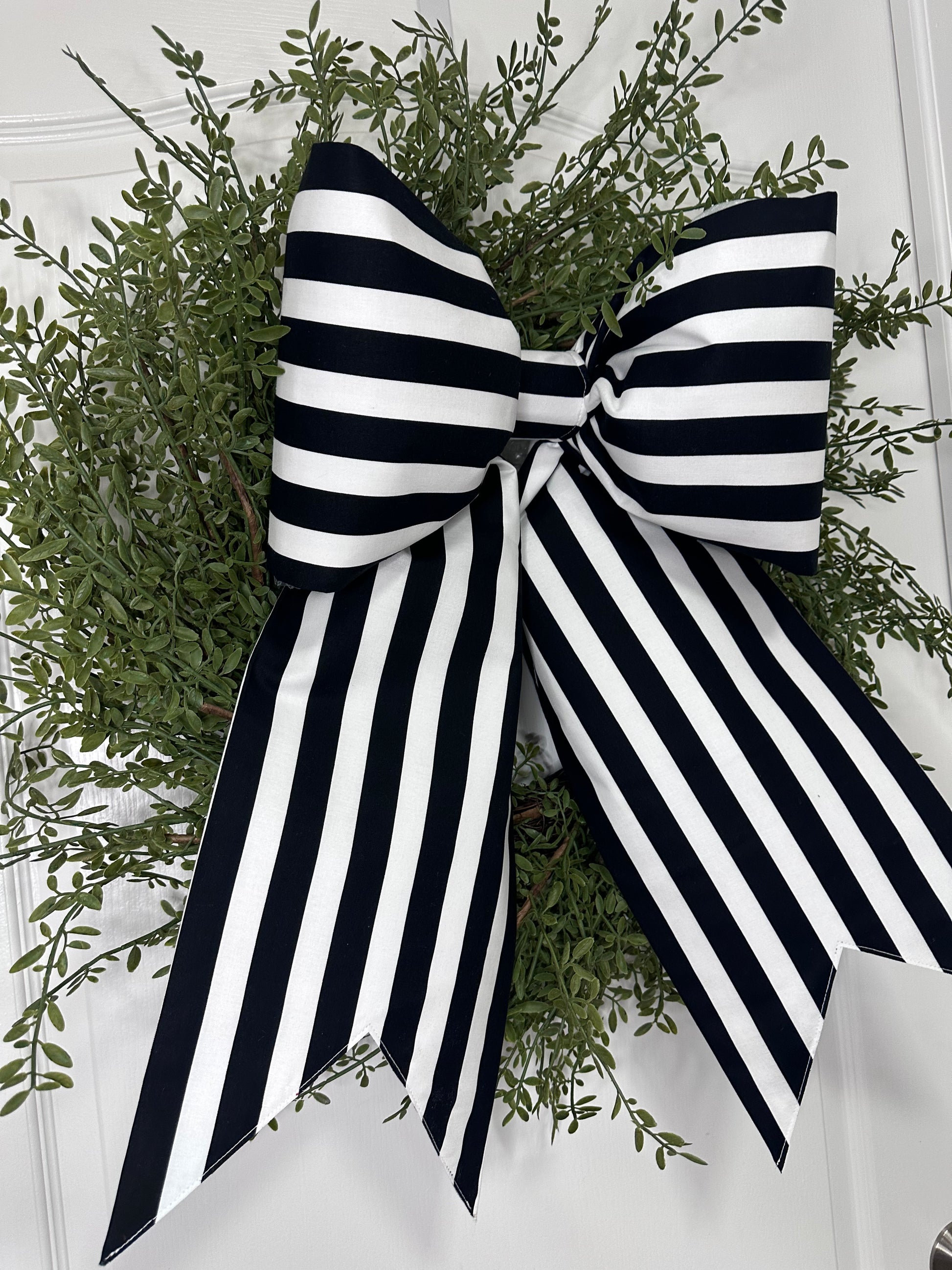 Grand Size black and white striped fabric bow with stiff interfacing for long lasting durability 